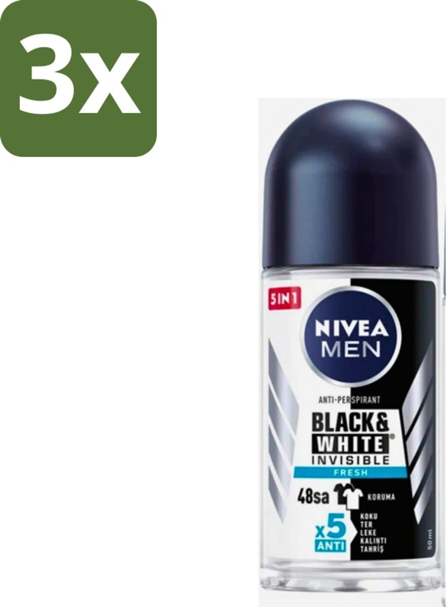 Nivea - Men - Deodorant - Roller - Black & White Invisible Fresh - 50 ml - Bulkverpakking - 3 stuks