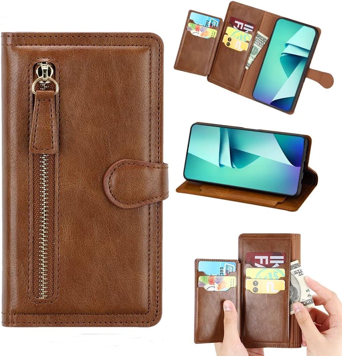 Premium vintage portemonnee hoesje met ritssluiting flip-cover hoes met kaarthoudersleuven Geschikt voor: Samsung Galaxy A34 5G - donker bruin