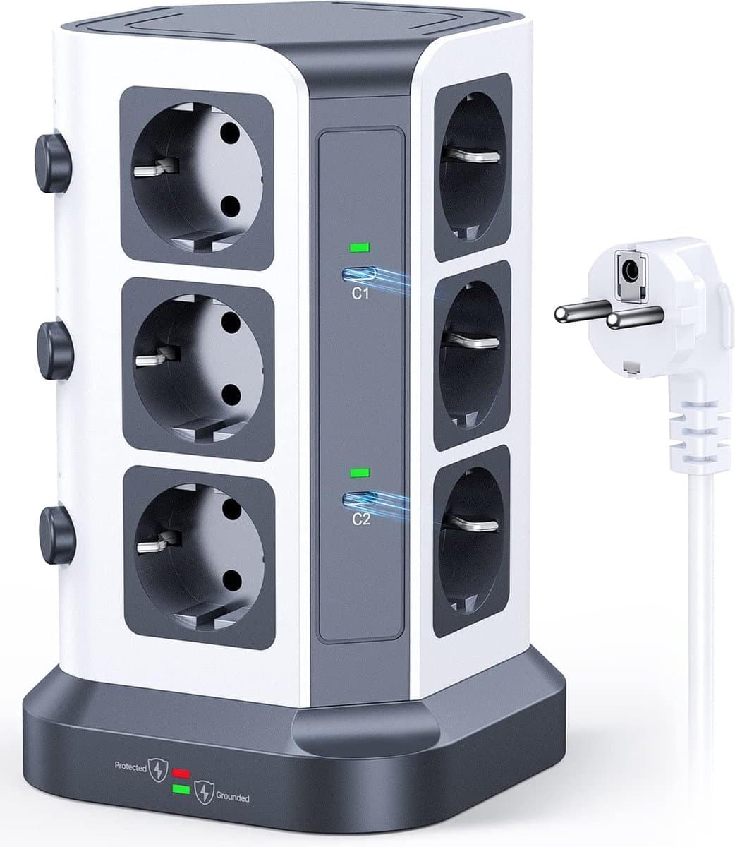 Intelectro Stekkerdoos Stekkertoren - Efficiënt Opladen, Ultieme Connectiviteit! - 4000 W - 12 Stopcontacten - 2USB C & 3 USB Poorten - 2m Snoer - 17 in 1 - Hoogwaardige Materialen - Wit/Grijs - Levering Sneller dan Aangegeven!