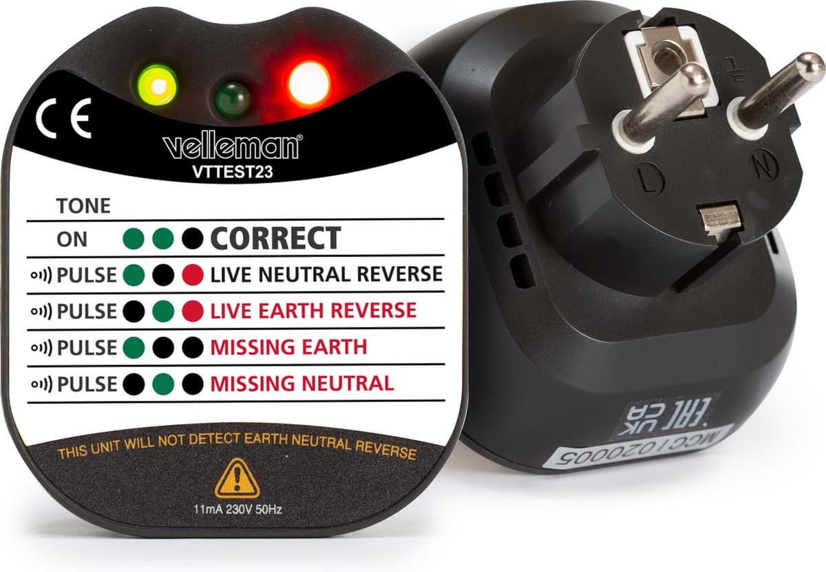 Velleman Stopcontactspannings- en aardingstester, met led en zoemer, CAT II, 230 V, detecteert bedradingsfouten, directe diagnose, voor professioneel en thuisgebruik