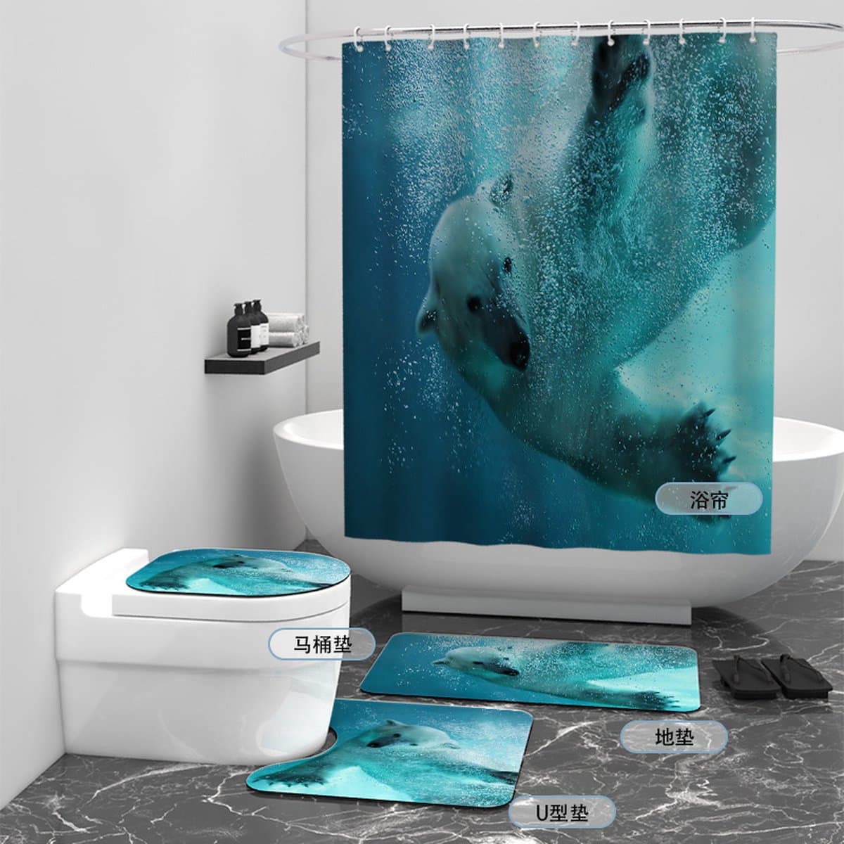 Floraweg Douchegordijn,Shower Curtain,badgordijn,badkamergordijn,koude arctische, golven, pinguïns, beer, zeevis, digitale printen -Anti Schimmel - Inclusief 12 ringen -met 12 stuks douchegordijnhaken – Waterdicht -Wasbaar- Polyester - 180x200 cm