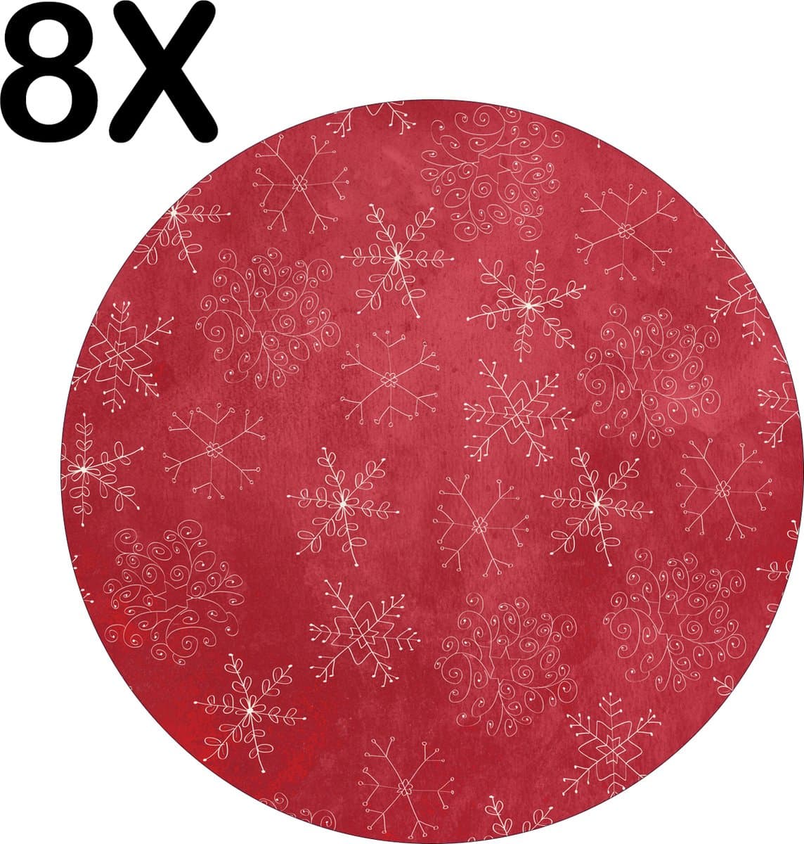 BWK Flexibele Ronde Placemat - Rood - Wit - Kerst Patroon - Sneeuwvlok - IJskristal - Ster - Set van 8 Placemats - 40x40 cm - PVC Doek - Afneembaar