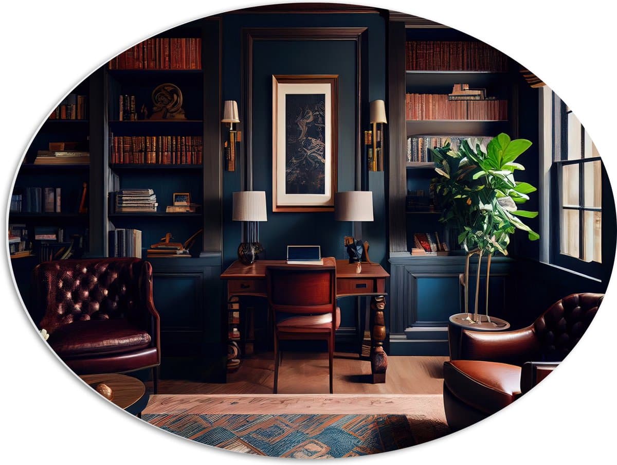 PVC Schuimplaat Ovaal - Kamer - Bruin - Stoelen - Plant - Boeken - Kantoortje - 80x60 cm Foto op Ovaal (Met Ophangsysteem)