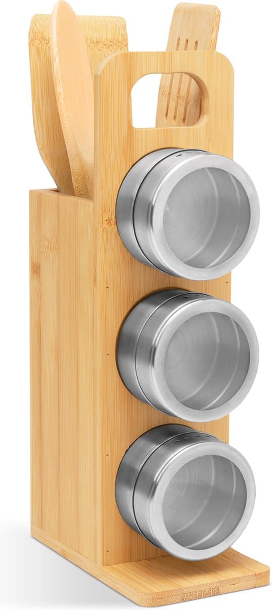 Magnetisch Bamboe Kruidenrek met Kookgerei - Kruidenpotjes met strooideksel - Kruidenrekje
