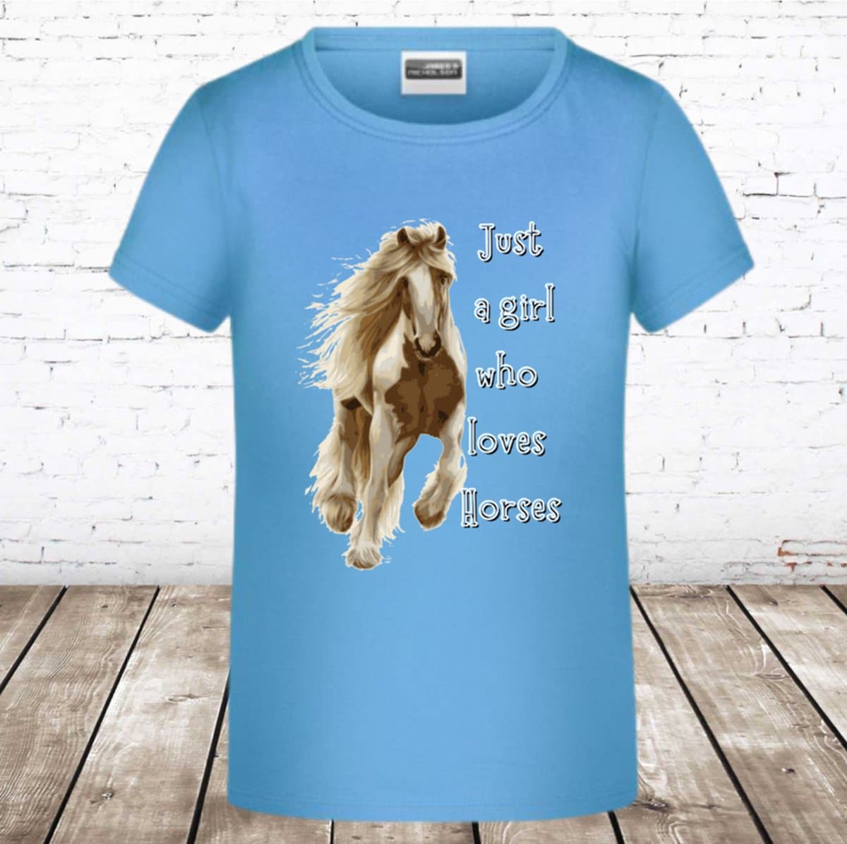Shirt met paard Just a girl blauw -James & Nicholson-134/140-t-shirts meisjes