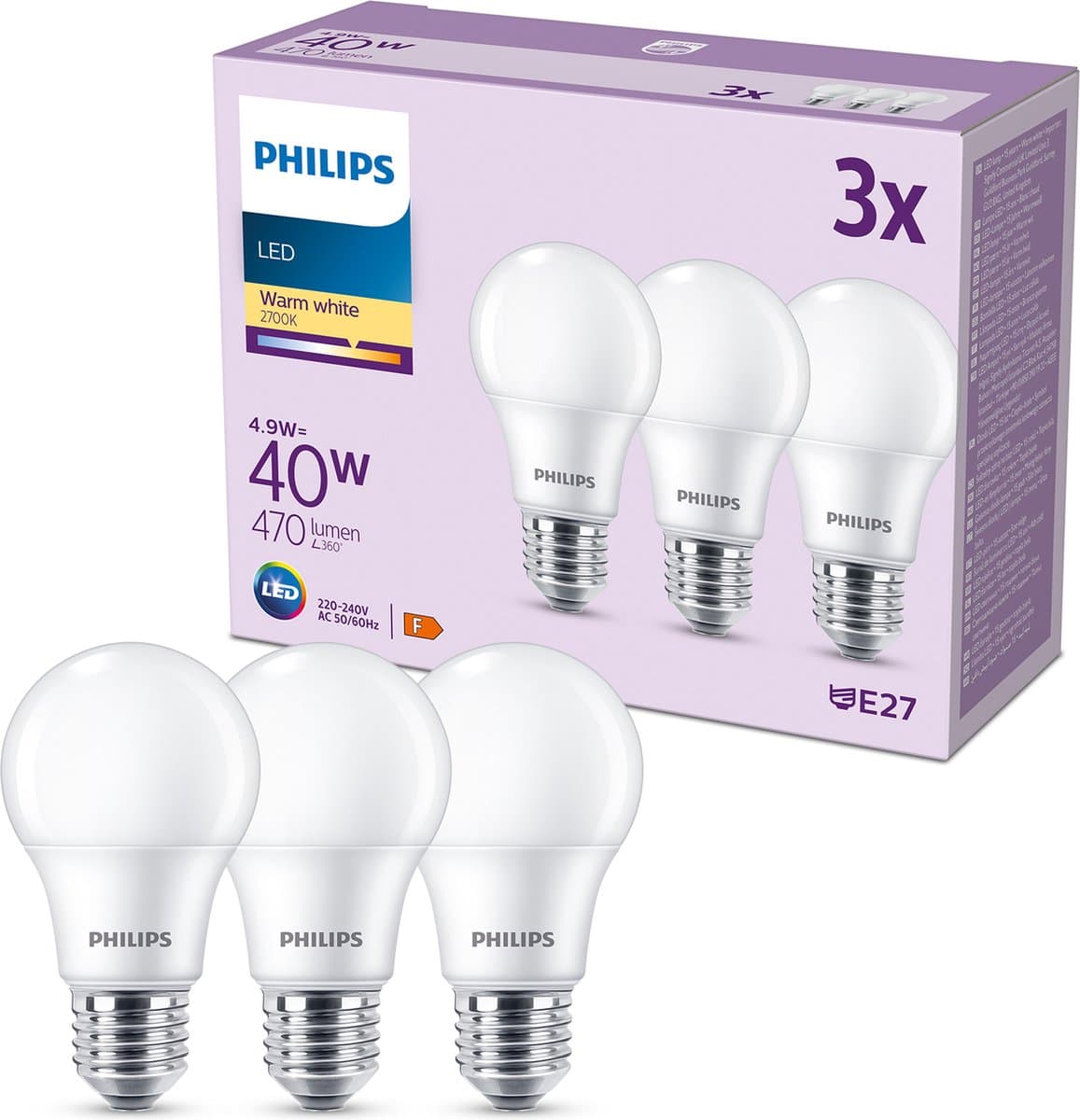 Philips LED Lamp Mat - 40 W - E27 - Warmwit licht - 3 stuks