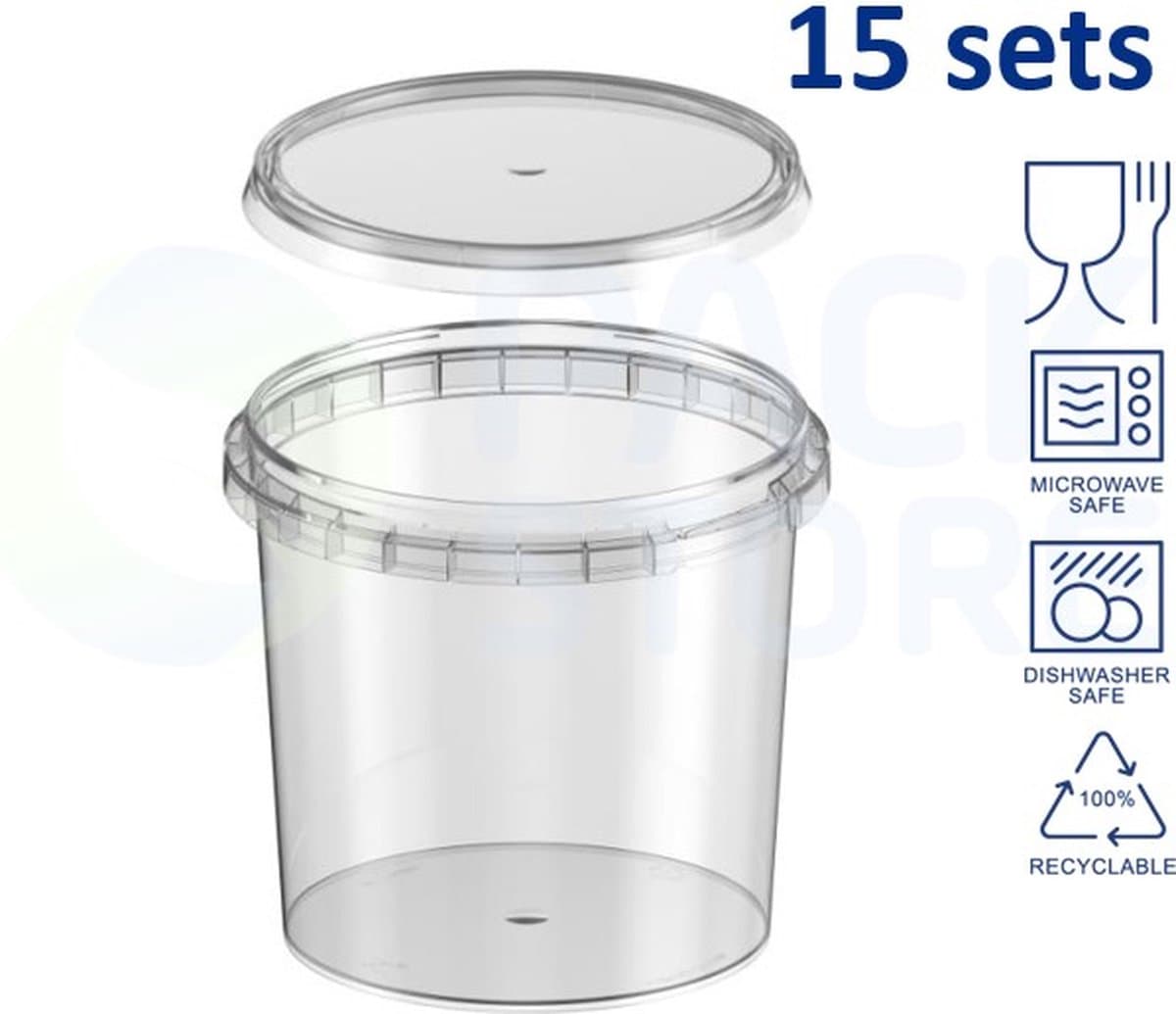 15 x plastic bakjes met deksel - 870 ml - ø11,8 cm - vershoudbakjes - meal prep bakjes - rond - transparant - geschikt voor diepvries, magnetron en vaatwasser - Nederlandse producent