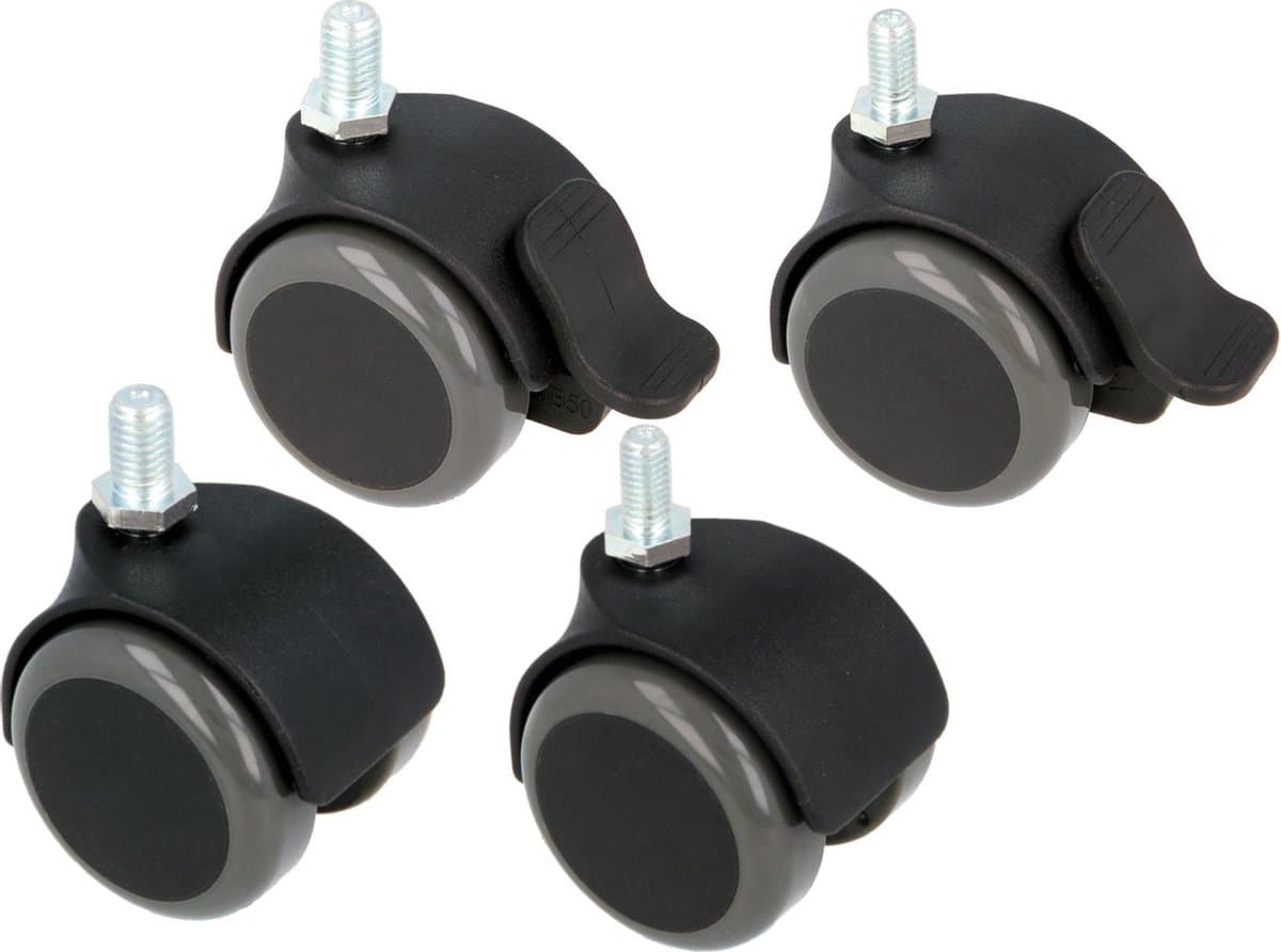 AMIG set van 4 Kunststof Meubelwielen 50mm - 2x Zwenkwiel met rem + 2x Zwenkwiel geen rem – Schroefdraad M8 x 15mm