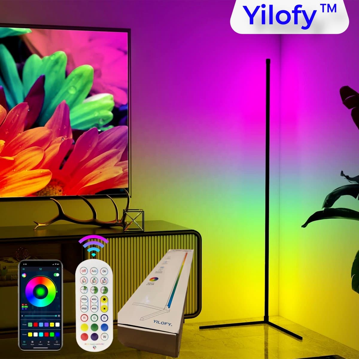 Yilofy XL Grote Variant Moderne LED Hoeklamp Bluetooth - Nieuw 2026 Model - Vloerlamp - Afstandbediening bestuurbaar- RGB - Dimbaar - Staande Lamp