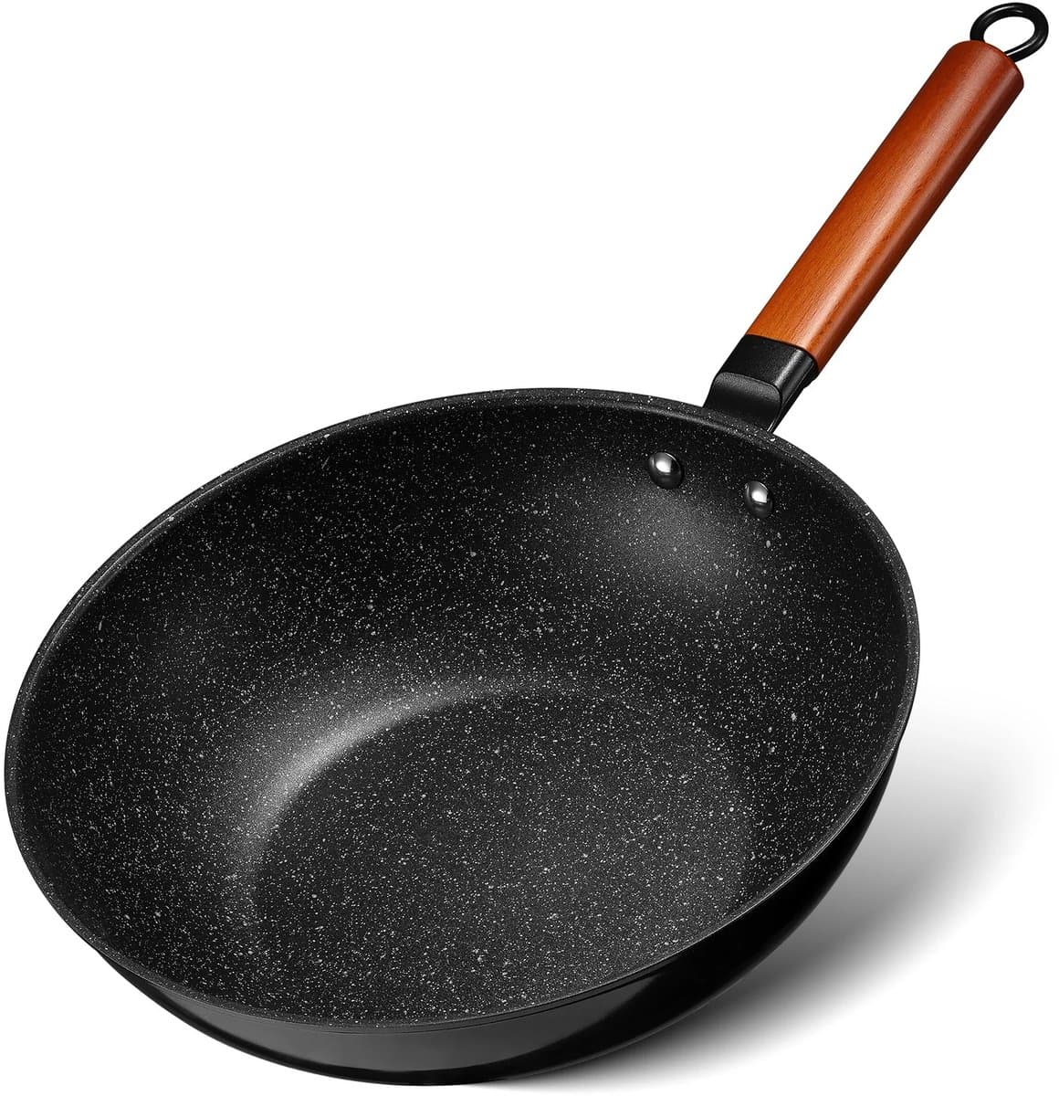Asaam Inductie-wokpan 30 cm- Anti-aanbaklaag- Roerbakwok 30 cm- Met houten handvat- Platte bodem- Geschikt voor alle kookplaten- Graniet !!!