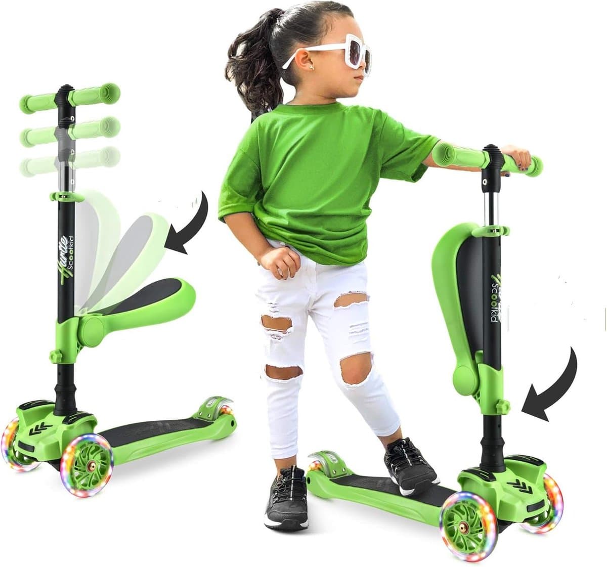 Hurtle Kinderstep - 3 Lichtgevende LED Wielen - Opvouwbare Scooter met Verstelbare Hoogte, Antislip Platform - Groen