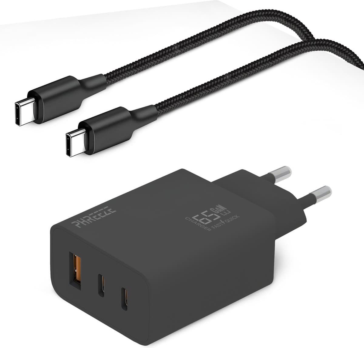 USB C Adapter 65W + USB C Naar USB C Kabel 1 Meter - 2 USB-C & 1 USB-A Snellader - Laptop Oplader Geschikt voor iPhone 15, 16 , Samsung S20, S21, S22, S23, S24, Macbook - Wit