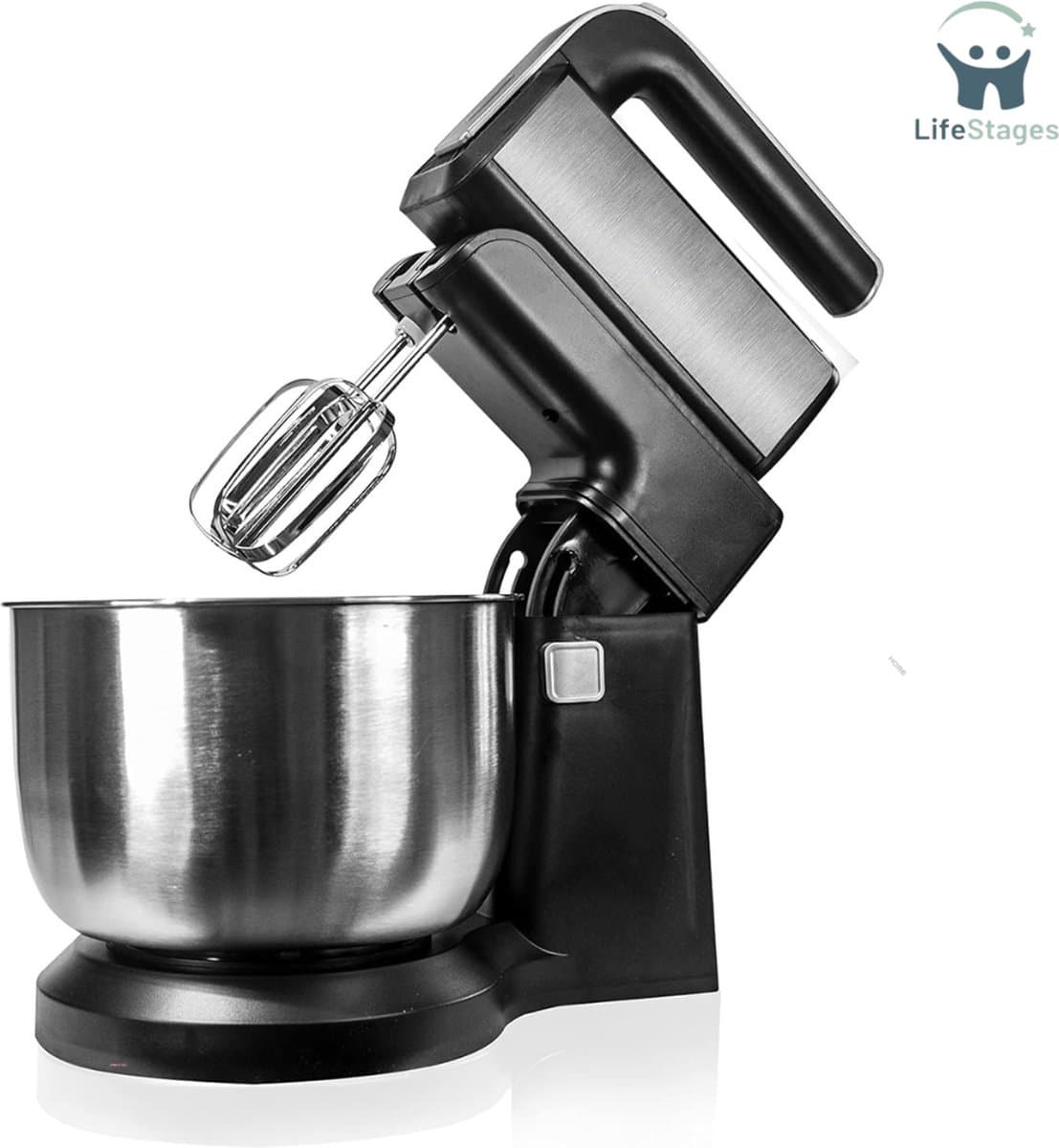 LifeStages - Mixer Met Mengkom - Elektrische Andmixer Met Draaibare Kom Van Staal - 3 Liter - LED-Licht 300 W en 5 Instelbare Snelheden - Garde en Kneedhaak
