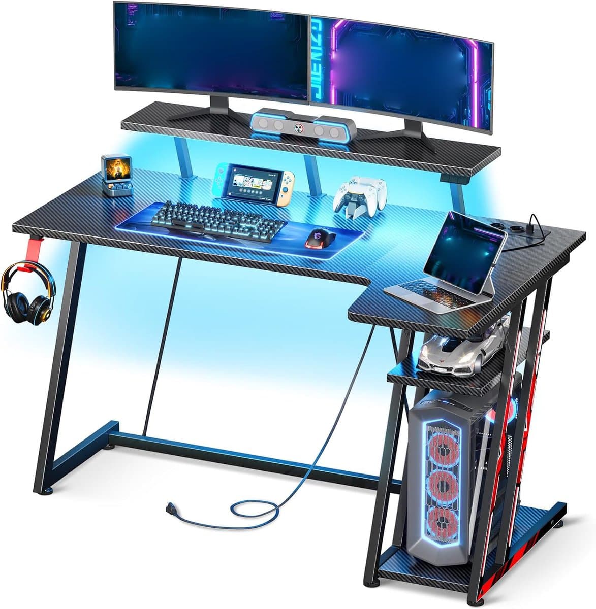 L-vormig Gaming Bureau met LED Verlichting en Stopcontacten - Gaming Hoekbureau met Monitor Plank en Opbergruimte - PC Bureau in Carbon Fiber Zwart - 140 cm