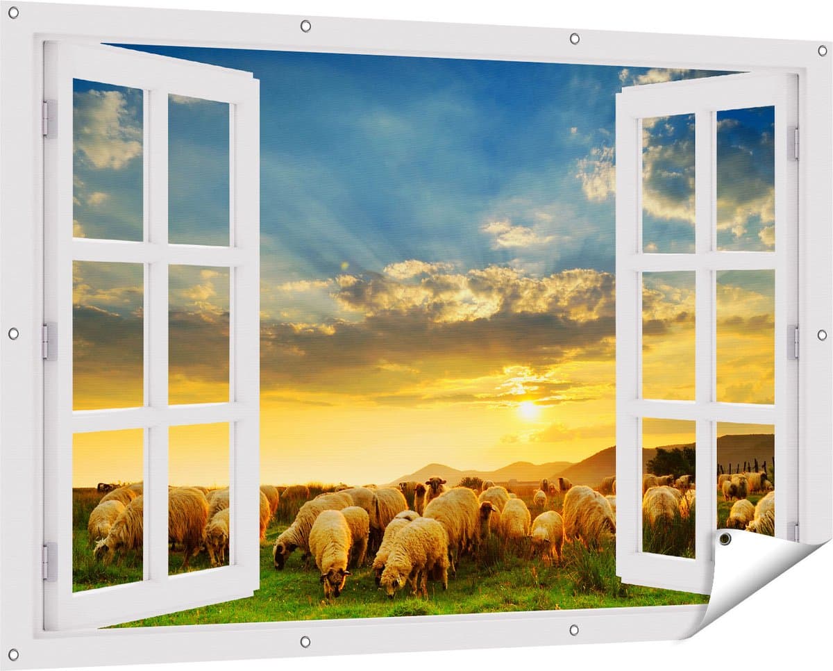 Gards Tuinposter Doorkijk Kudde Schapen op het Gras bij Zonsondergang - 150x100 cm - Tuindoek - Tuindecoratie - Wanddecoratie buiten - Tuinschilderij