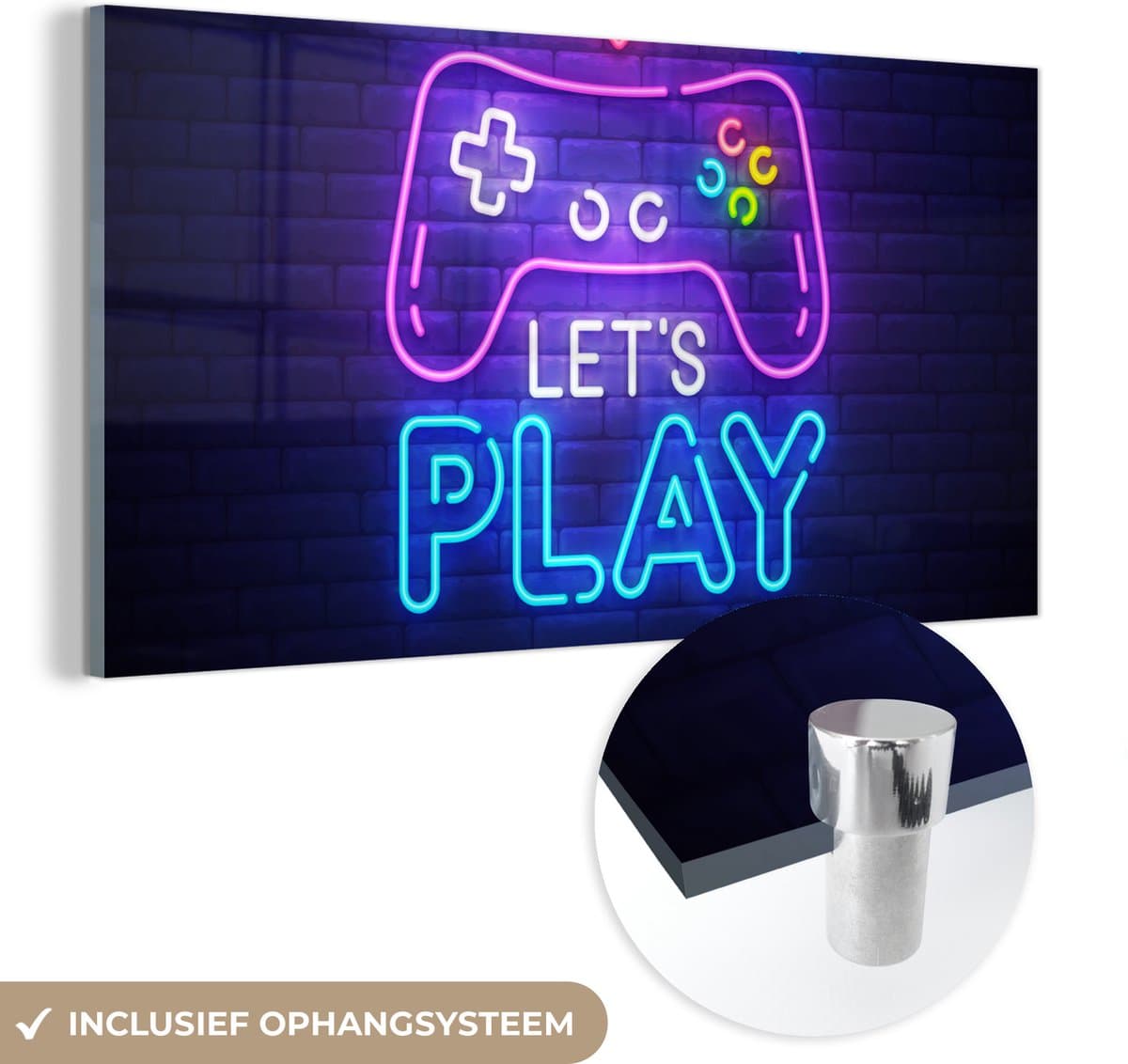 MuchoWow® Glasschilderij 80x40 cm - Schilderij acrylglas - Gaming - Neon - Let's Play - Controller - Quotes - Foto op glas - Schilderijen