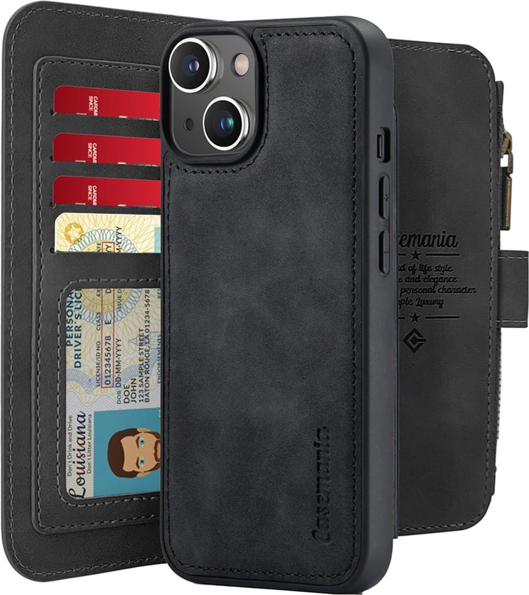 CaseMania Bookcase hoesje geschikt voor iPhone 11 & XR - Effen Zwart - Kunstleer - Portemonnee met 14 Vakjes voor Pasjes en Ritsvak