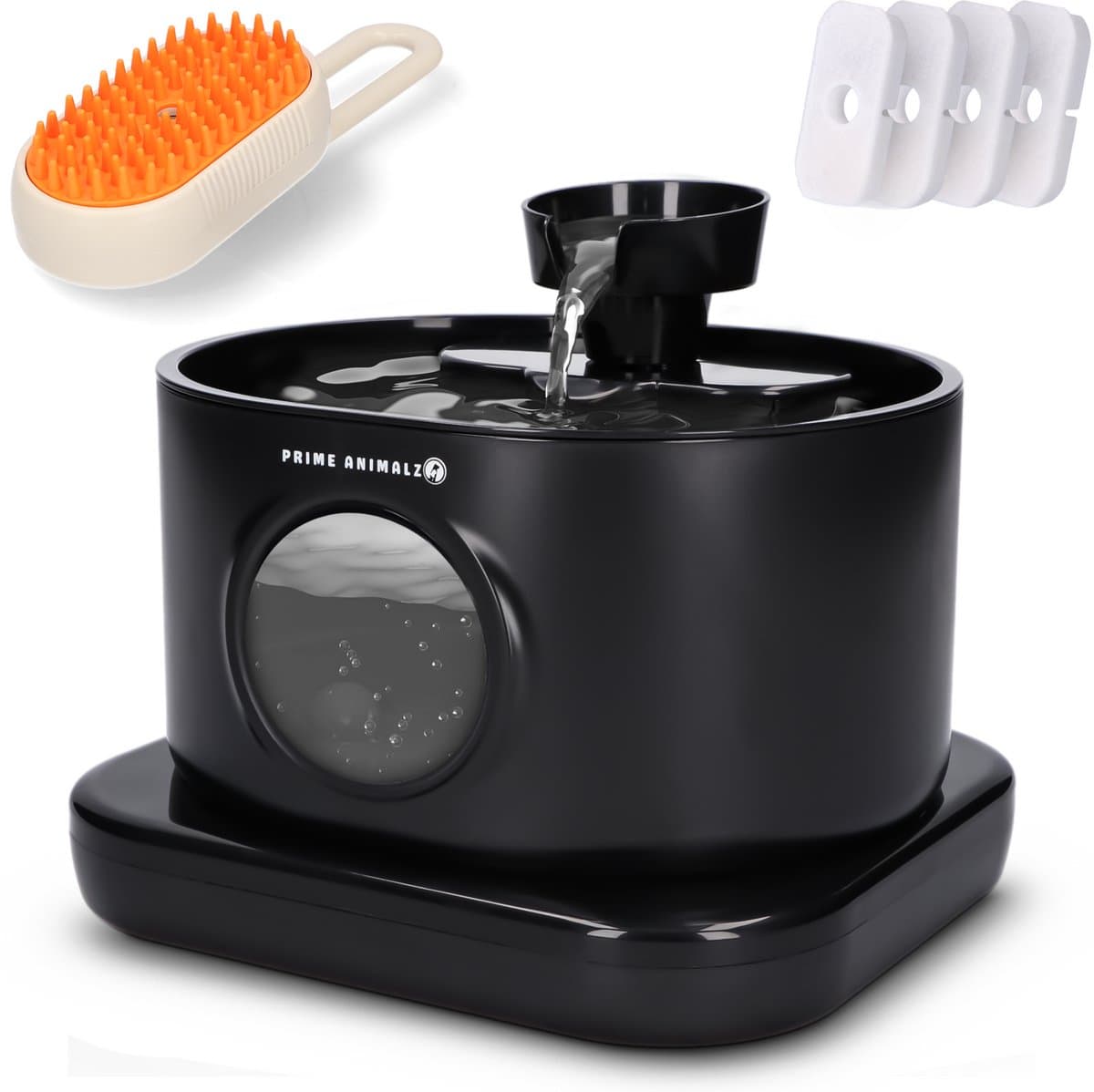 Drinkfontein Kat en Hond met Stoomborstel – Draadloos met Sensor – 2.8L – 4 Filters – Kattenfontein – Waterfontein voor Katten en Honden – Drinkfontijn – Automatische Drinkbak – Stille Pomp – BPA-vrij – Prime AnimalZ – Zwart