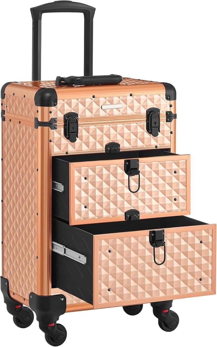 Cosmetic Case Trolley, professionele make-up case, kapperskoffer met 4 uitneembare universele wielen, make-up case, top met 3 uittrekbare compartimenten, laden, voor op reis ,goud, HMTM-BC 30018-ROSE GOLD