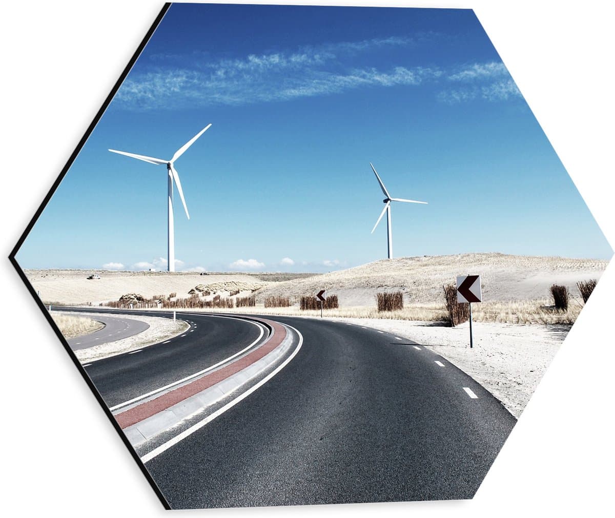 Dibond Hexagon - Landschap - Windmolens - Weg - Kleuren - 30x26.1 cm Foto op Hexagon (Met Ophangsysteem)