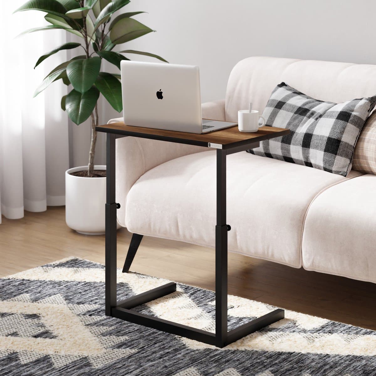 FurniChic - Bijzettafel - Houten en Metalen -Walnoot - Hoogte Verstelbaar Laptoptafel- Thuis en Kantoor - 60x40x43/73 cm