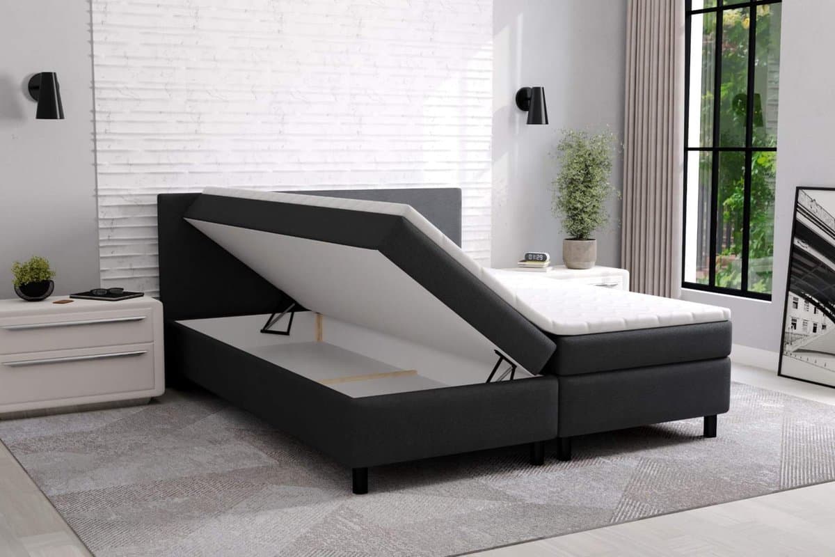 boxspring promo- 180x200cm- zwart stof- met opbergruimte- met matras en topper- zetelsenbedden
