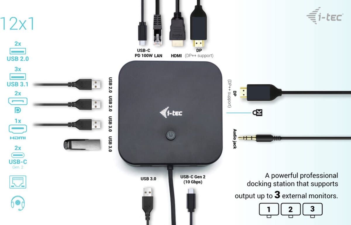 i-Tec - USB-C HDMI Dual DisplayPort Docking Station – 100W Power Delivery – 3x 4K Monitorondersteuning – USB4 & Thunderbolt Compatibel – 6x USB – Ethernet – Audio – VESA Mount – Inclusief Oplader