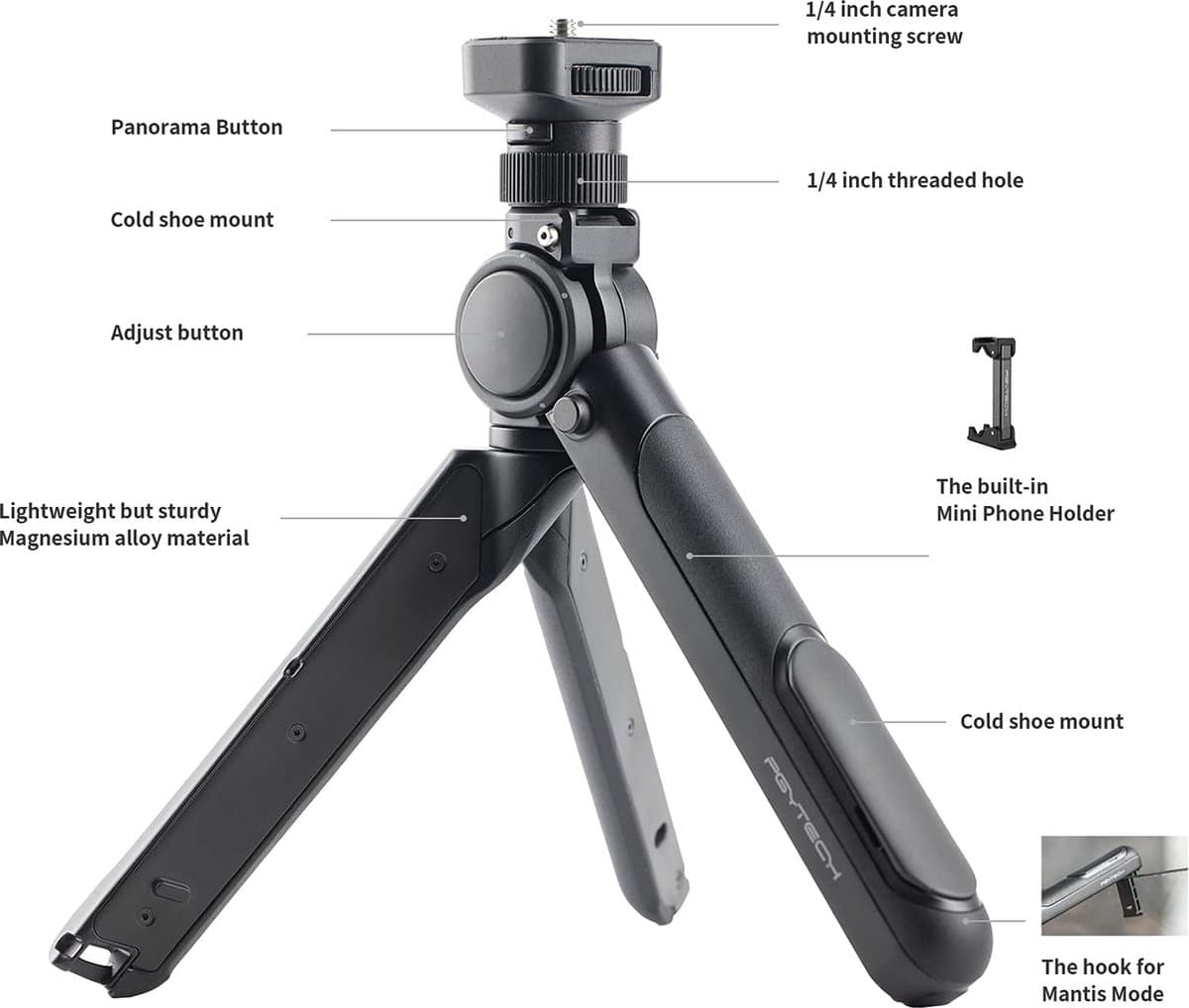 PGYTECH Mantispod – Multifunctioneel Vlog Statief – Geschikt voor Camera - Smartphone - Actiecamera