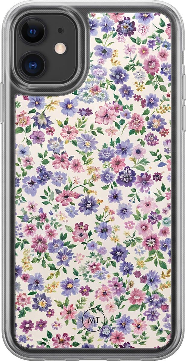 Hybride hoesje geschikt voor iPhone 11 - Paarse bloemen - Extra bescherming - Luxe beschermhoes - TPU case - Transparant, Paars - Mooie Telefoonhoesjes