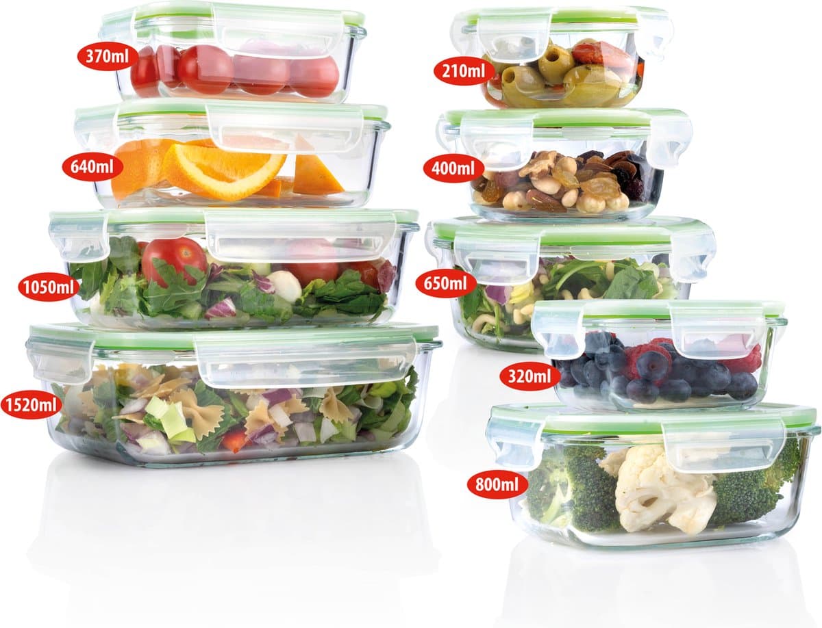 Alpina glazen voedselcontainer set - 18 stuks, groen