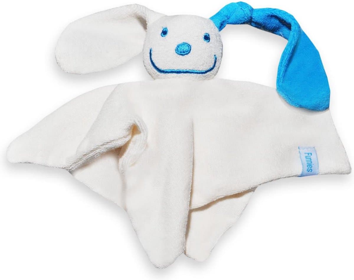 Zacht tutpopje / tutpoppetje - ecru, met turquoise oortje - zacht badstof van 100% katoen - blauw