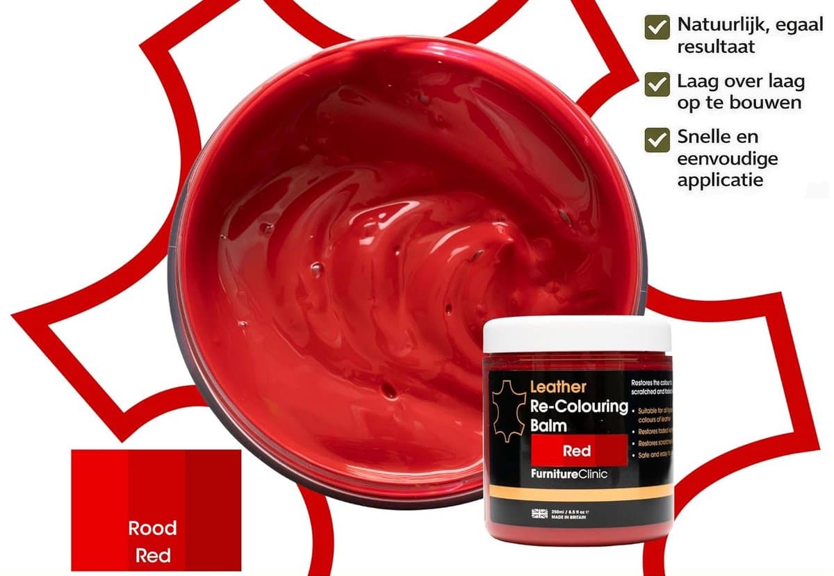Leer Balsem Rood – Herstelt Kleur & Krassen – Furniture Clinic – Voor Bank, Auto, Schoenen & Tassen – Leer Reparatie & Bescherming