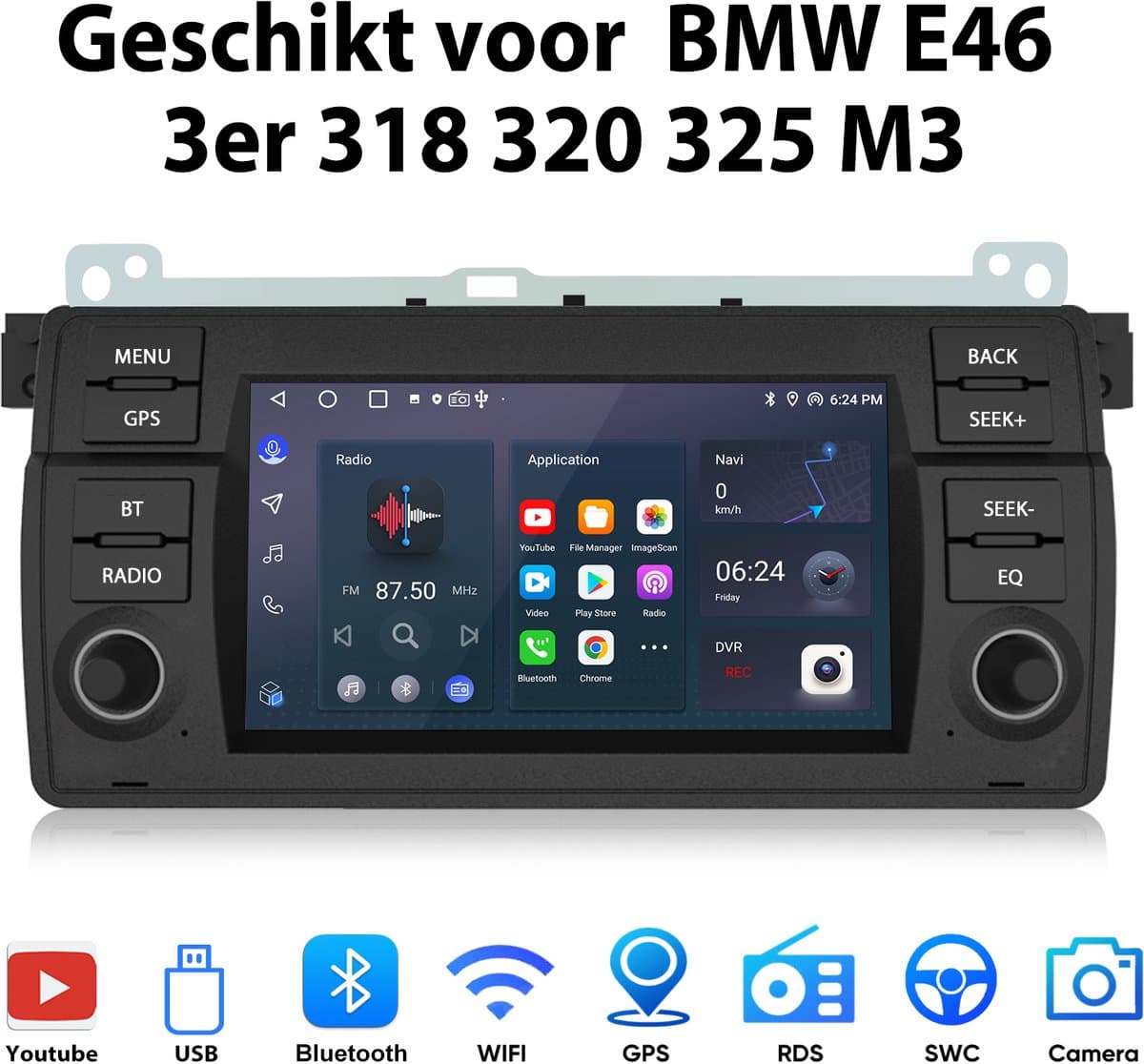Junsun Android Autoradio Geschikt Voor BMW E46 3er 318 320 325 M3 Accessoires, 1GB+32GB, Bluetooth, GPS-Navigatiesystem, 7-inch HD Touchscreen, WiFi & FM, RDS & USB, DAB+, DSP, Quad-core processor