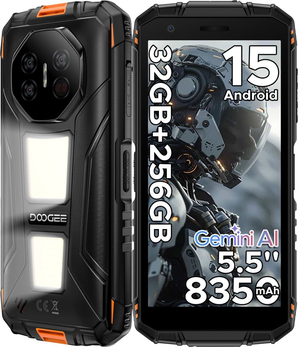 DOOGEE Fire 3 Max-Android 15-outdoor telefoon-32 GB RAM + 256 GB ROM-8350 mAh-1200 LM kampeerlamp-outdoor smartphone-5,5 inch IPS HD+ scherm -48 MP + 8 MP camera-Gemini AI-Widevine L1-IP68 water- en stofbestendig - GPS-vingerafdrukherkenning-NFC- OTG