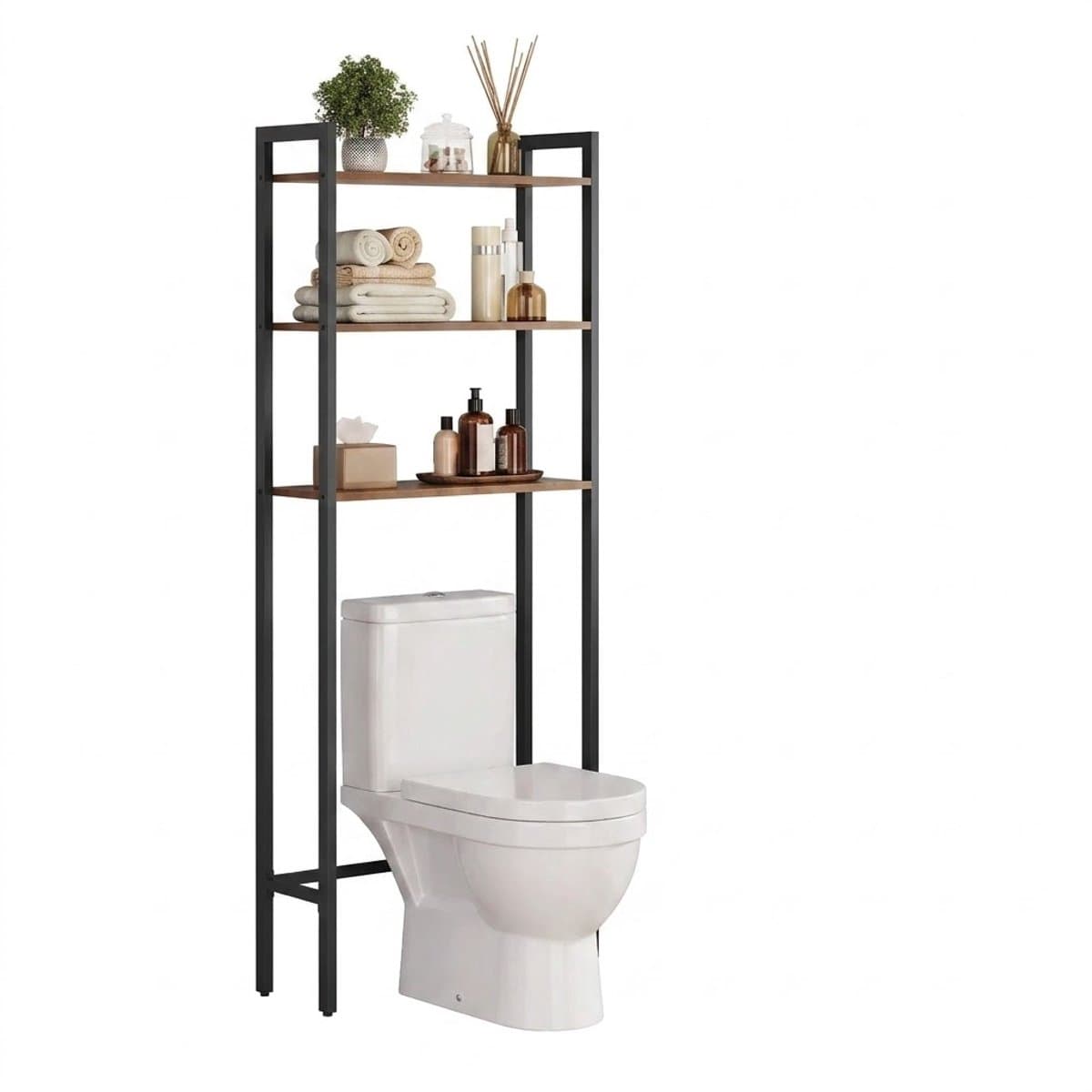Solvix Toiletkast Boven Toilet – Industrieel Opbergrek met Handdoekenrek en 3 Planken – WC Kastje voor Badkamer en Wasruimte