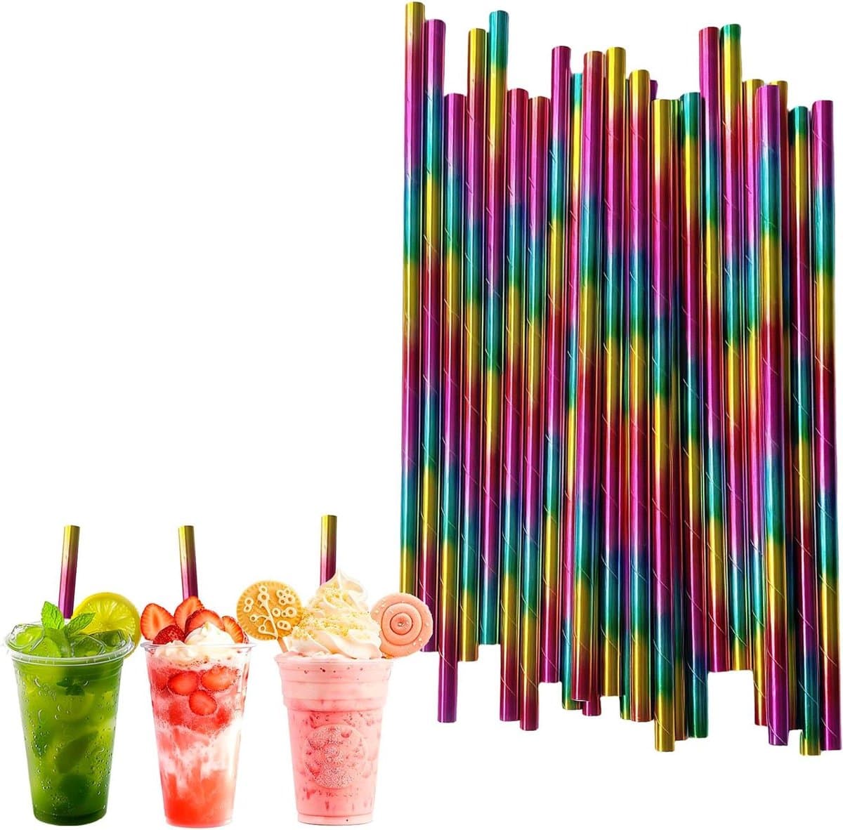 Papieren Rietjes - Drinkrietjes Biodegradbaar - Feestjes en Decoratie - Iridescent Regenboog Effect - 20 cm - Multicolor