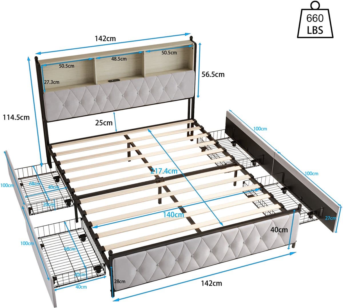 Velmio Gestoffeerd Bed - Tweepersoonsbed - 140x200 cm - Met LED-hoofdbord en USB-aansluiting - Jeugdbed - Met Lattenbodem En 4 Laden - Opbergruimte - Opbergbed - Zonder Matras - Beige