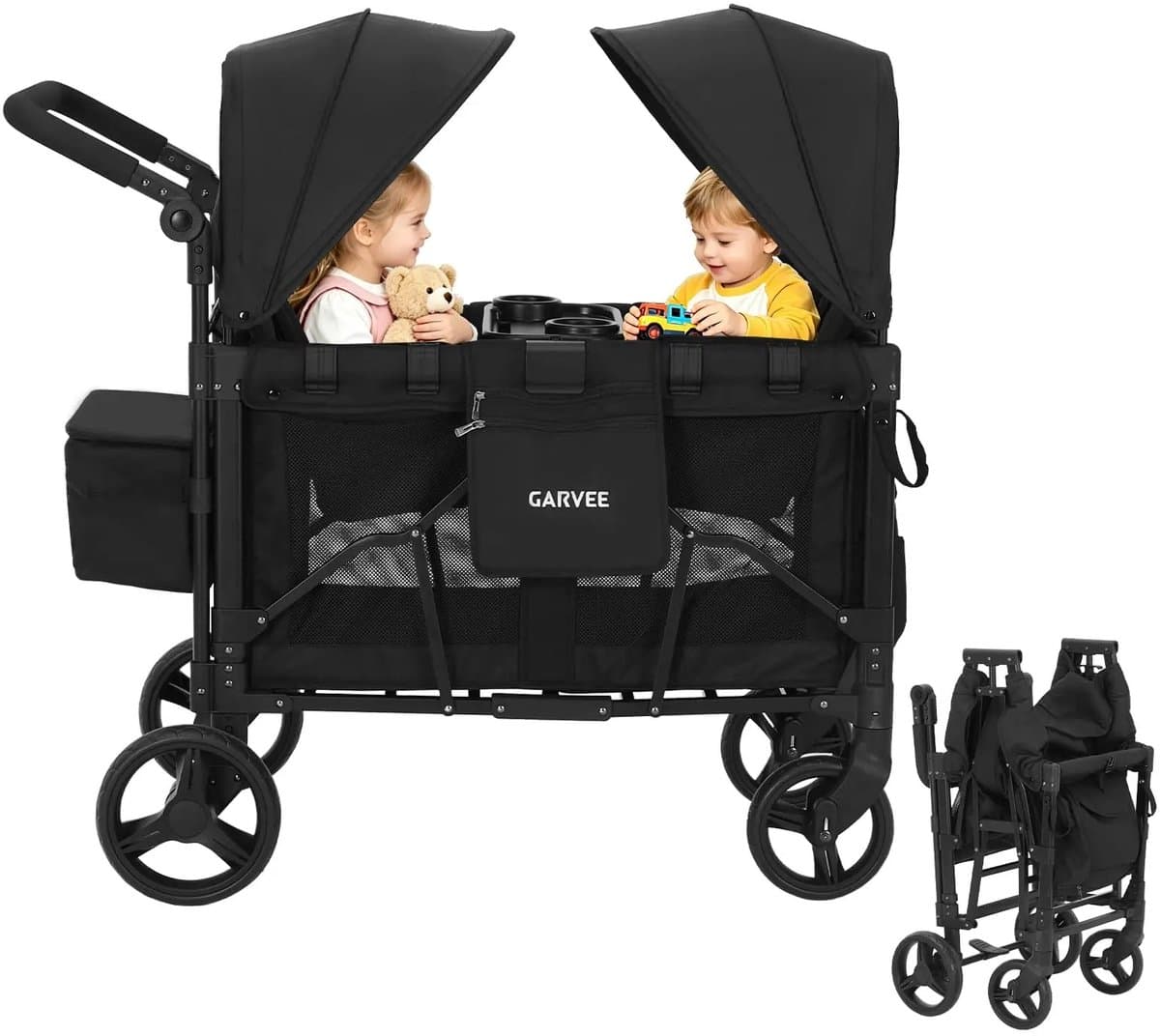 Velmio Opvouwbare Bolderkar - 2 in 1 - Voor 2 Kinderen - Wandelwagen - met Afneembaar Dienblad - 5-Puntsgordel - Schokbestendige Wielen - Zwart
