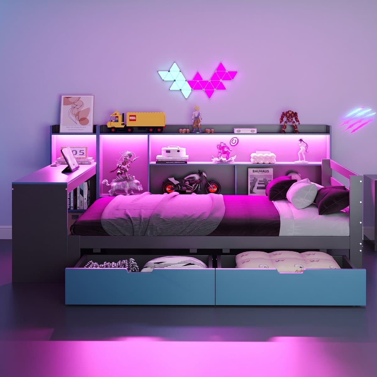 VVBV Slaapbank 90x200 cm met LED-Verlichting, Bureau - Planken, Lades - Hout Zwart/Blauw