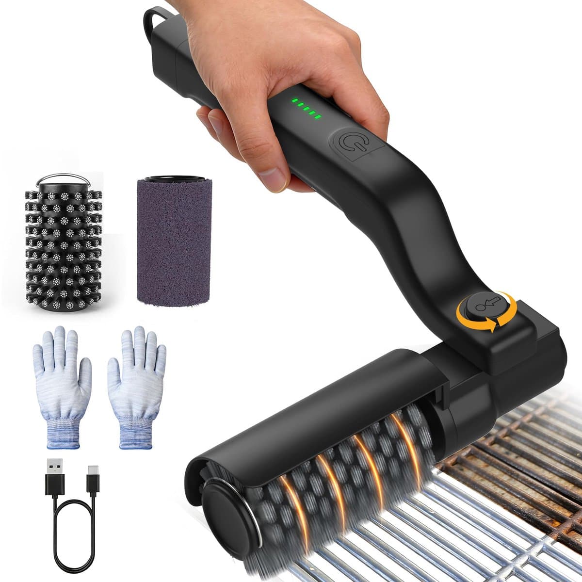 Elektrische grillborstel - 3-standen roterende barbecueborstel met 180° verstelbare kop - 90 minuten gebruiksduur - USB-C oplaadbaar - Roestvrijstalen borstel voor gas-, houtskool- en keramische grills