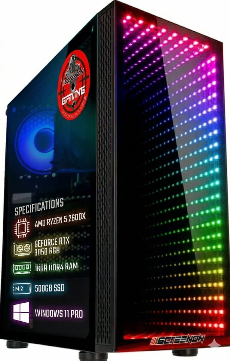 ScreenON - Mid-Range Desktop GamePC [AMD Ryzen 5, Geforce RTX 3050, 16GB RAM, 480GB SSD]