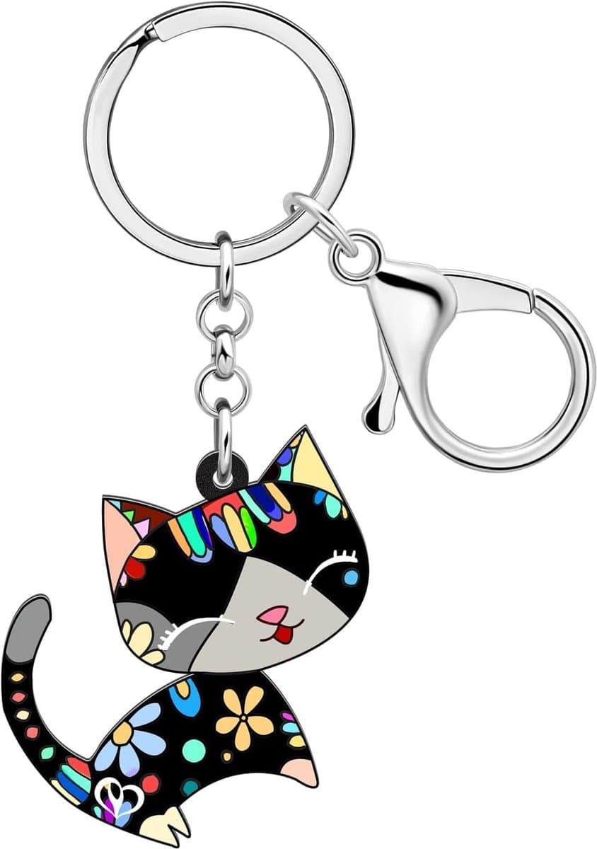 Katten Sleutelhanger - Portemonnee Hanger - Auto Sleutels - Vrolijke Kat Design - 4.7 cm - Zwart