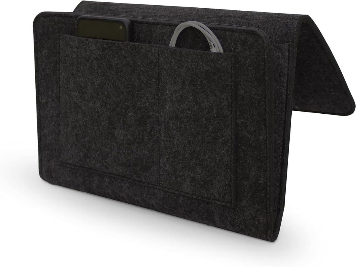 Opbergzak voor de slaapkamer, 20 x 32 cm, vilt organizer met 5 vakken voor telefoon, tablet, afstandsbediening en boeken (Zwart)
