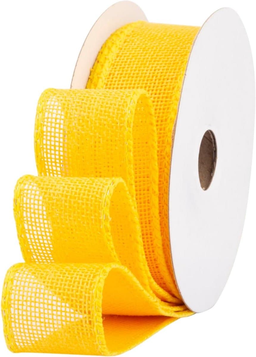Jute Lint Bedraad - Decoratieve Band - Bloemstukken Maken - Met Ingebouwde Draad - 9 Meter Lang 25mm Breed - Geel