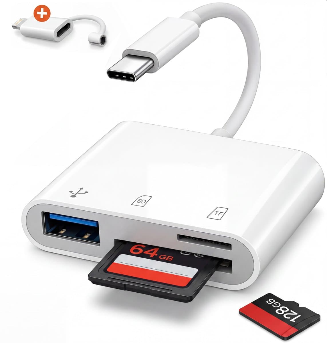 Skoov SD Kaart Lezer met USB-C aansluiting - Incl. 8-Pin Converter - USB-C - Micro SD - Adapter - Cardreader - Geheugen kaart - Kaartlezer - Converter - TF - wit