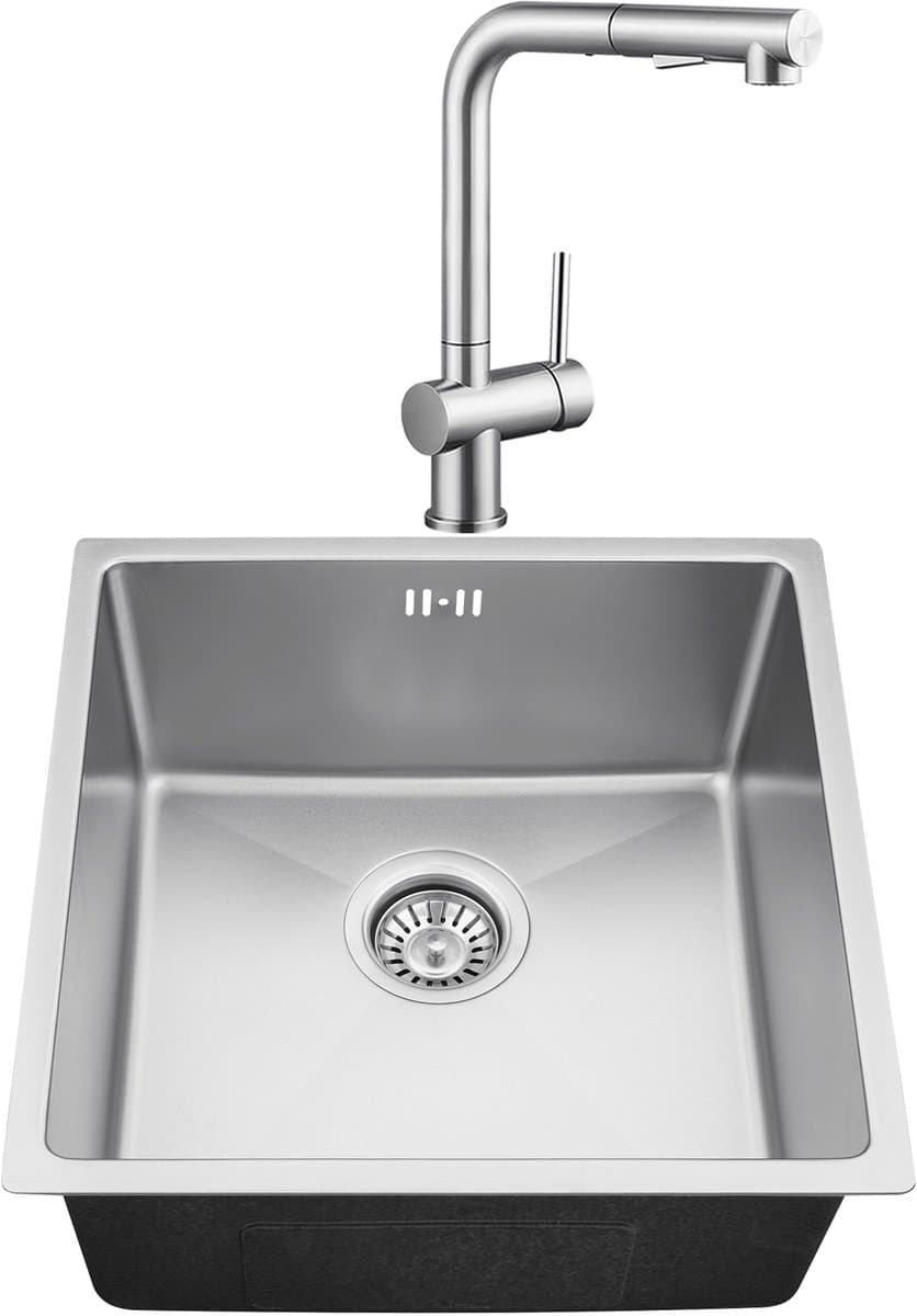 Auralum max 44x44CM Spoelbakken Keuken - Spoelbak Keuken Met Keukenkraan met Uittrekbare Uitloop - Wasbak Keuken Met Waterafvoersysteem - Past op 45 cm kasten