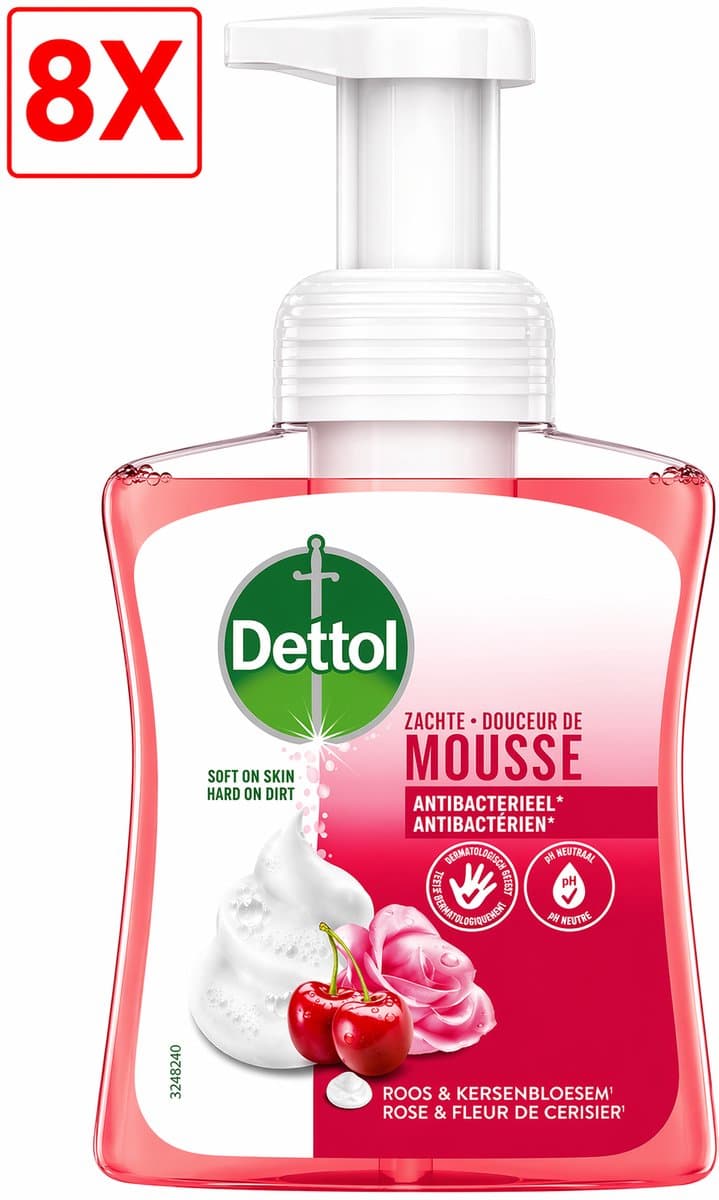 8 x Dettol Handzeep Zachte Mousse - Antibacterieel - Roos & Kersenbloesem - 250 ml