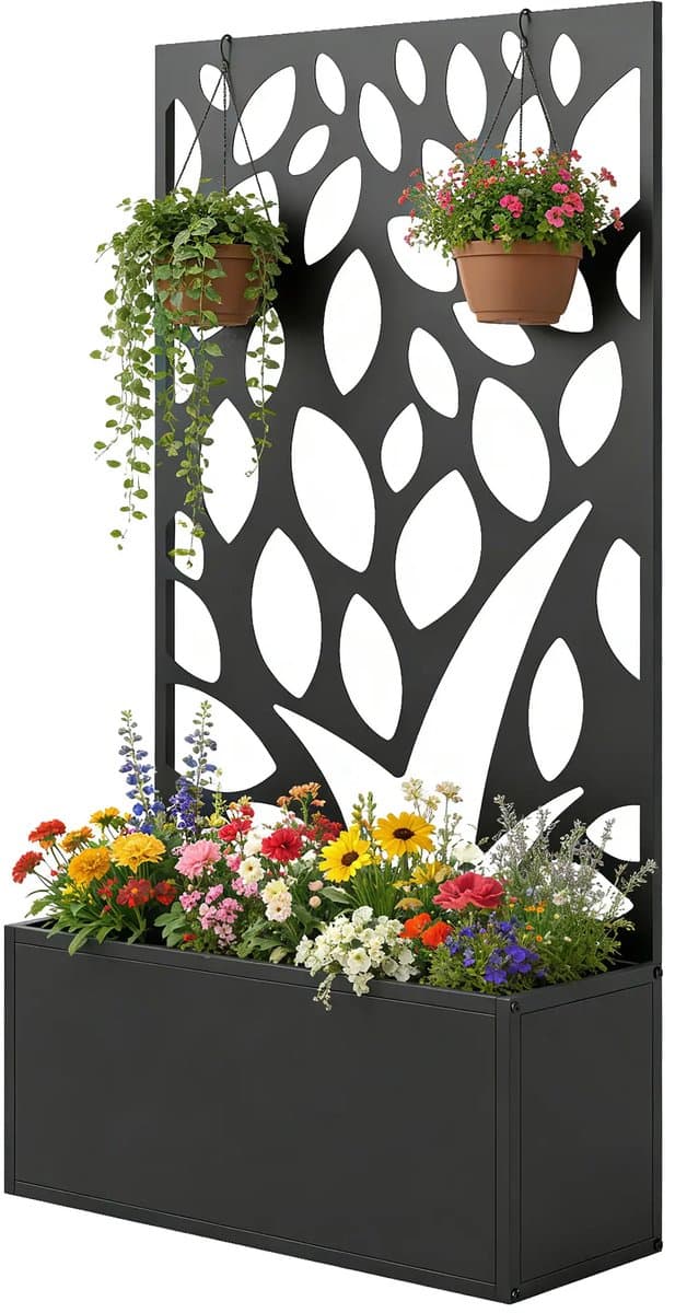 Plantenbak met klimrek - Weerbestendig - Bloembak - Met trellis - Buiten - Hout - Plantenrek - Rechthoekig - Zwart
