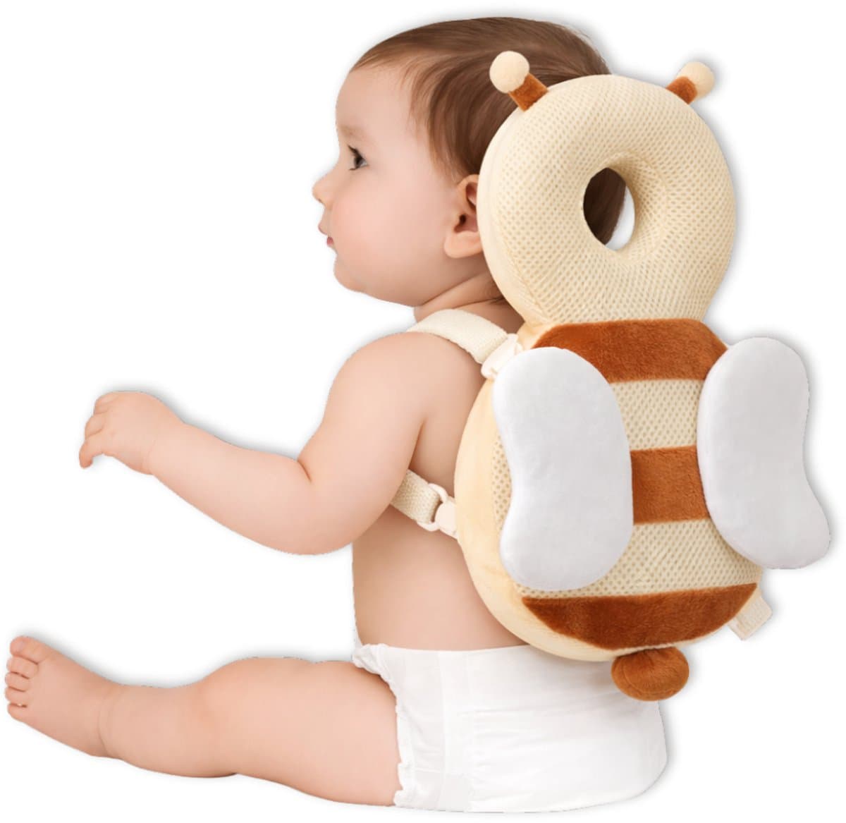 BoefieBoef Bij Baby Hoofdbeschermer - Valkussen Baby met Dierendesign - Valrugzak Lichtgewicht 190 g - Verstelbare Borstband - 4-36 Maanden - bruin