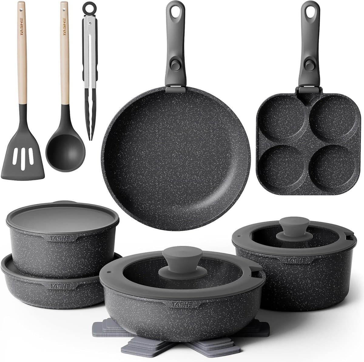 YASHE pannenset 20-delig - anti-aanbak graniet coating - afneembare handgrepen - inductie en oven - grijs